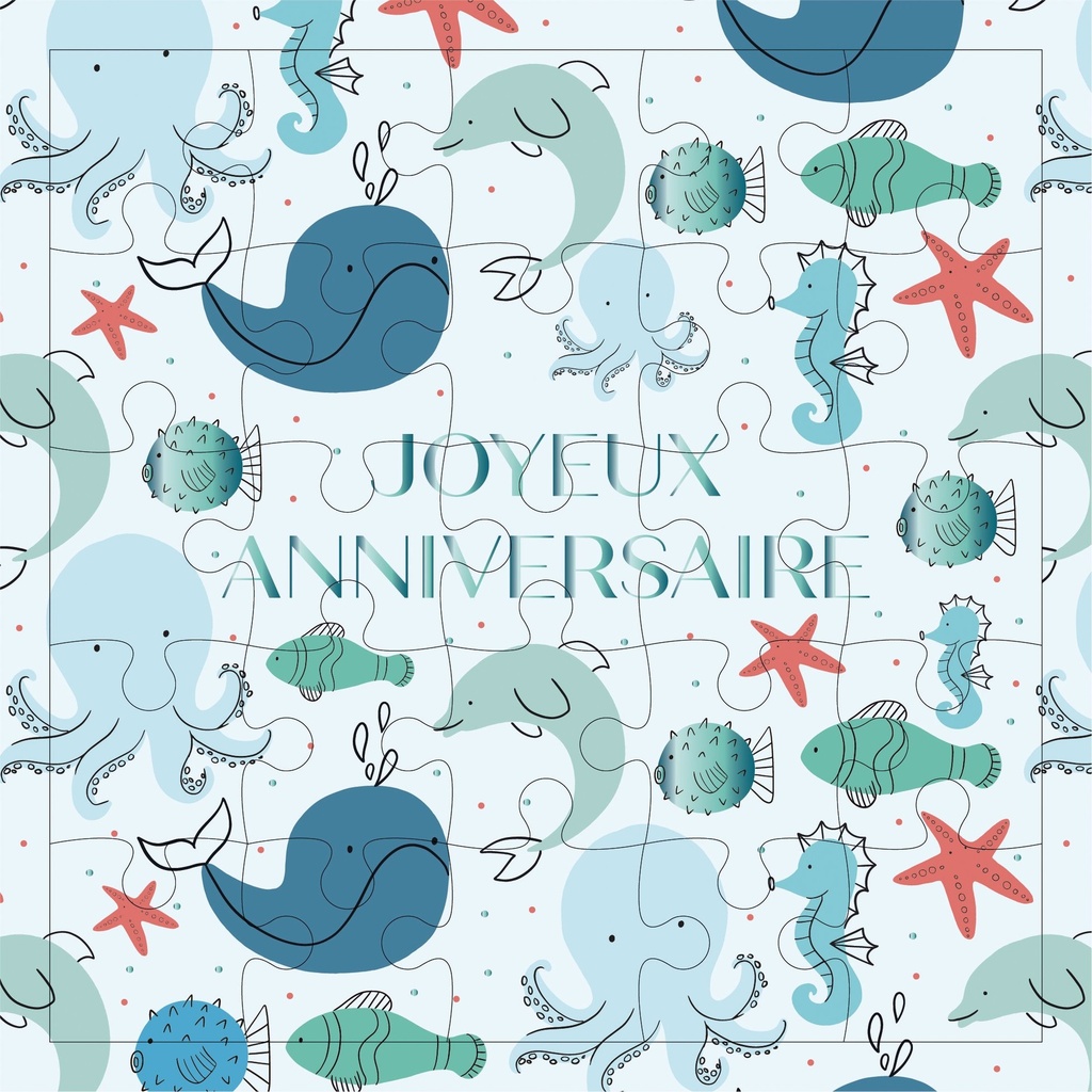 CARTE PUZZLE CARREE 17,5 CM PATTERN ANIMAUX MARINS