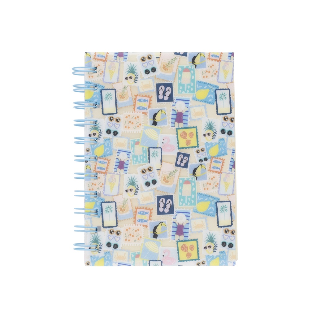 CARNET A6 SPIRALE COUVERTURE TRANSPARENTE IMPRIMEE ALL OVER 2 TIMBRES